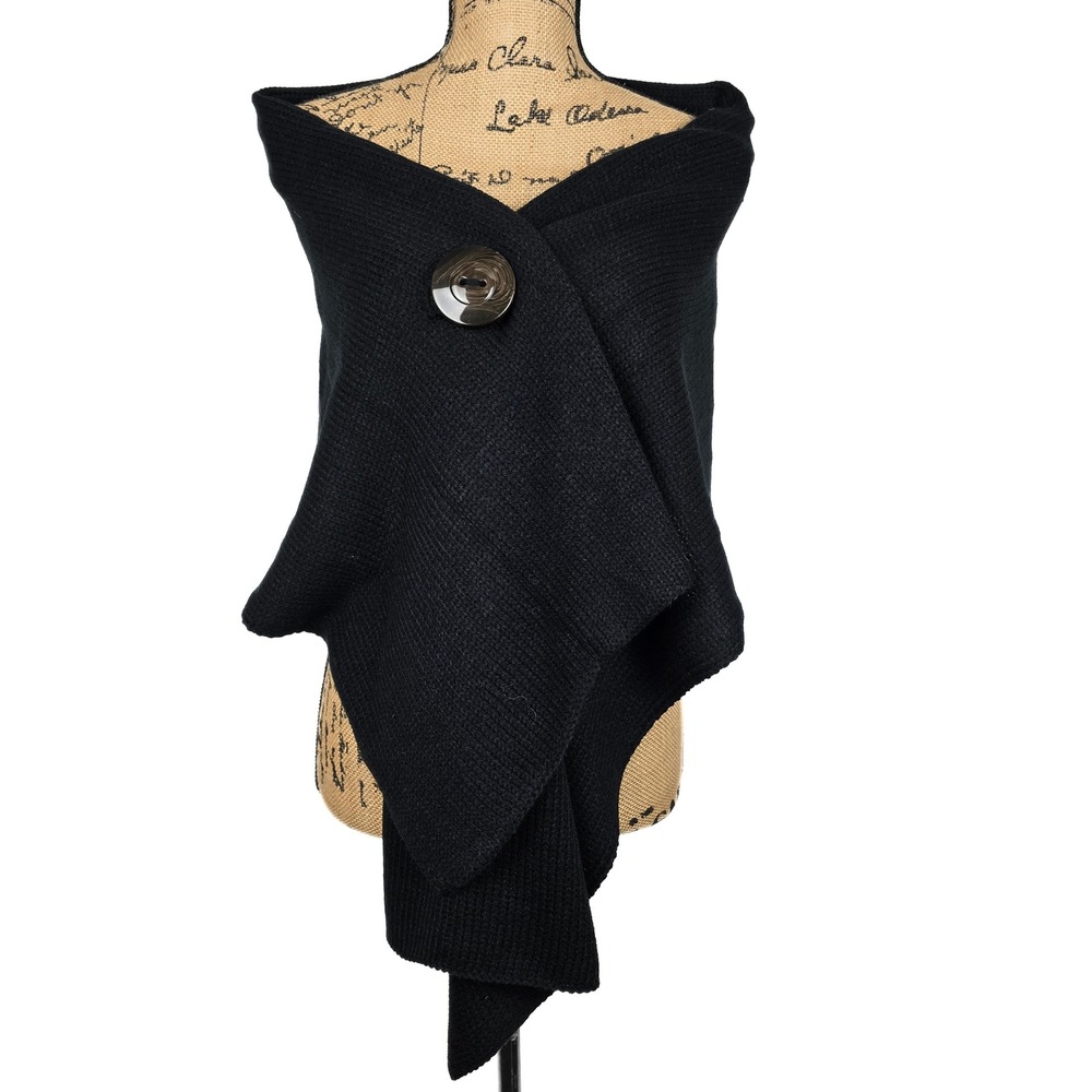 Black Chunky Knit Button Scarf Wrap Oversized Convertible Shawl Cowl
